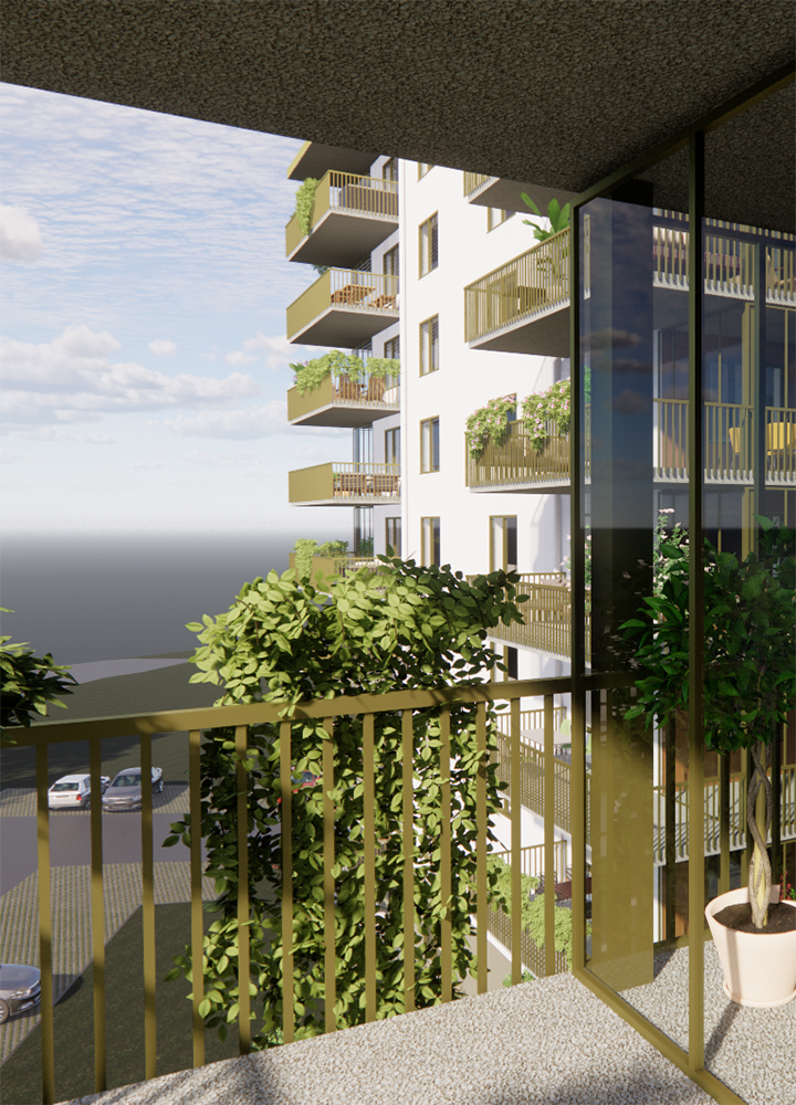 Illustration av lägenhetshus med balkonger och gröna växter.
